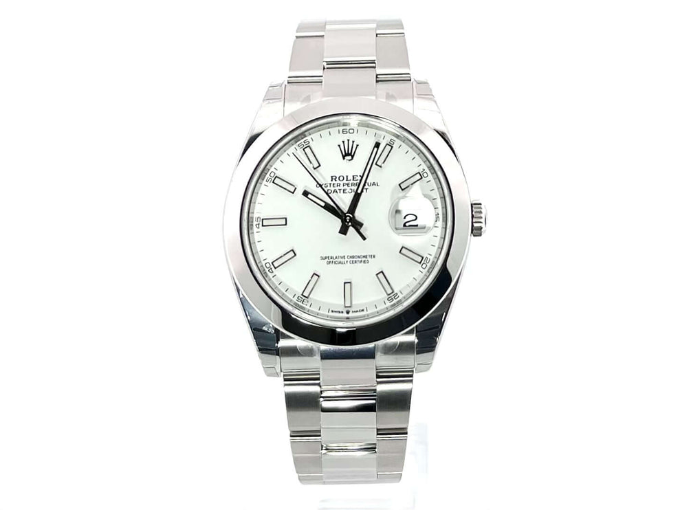 Rolex Datejust 41 Ref. 126300 Edelstahl Weißes Zifferblatt mit Oyster-Band und polierter Lünette. Automatikwerk und Chronometer.