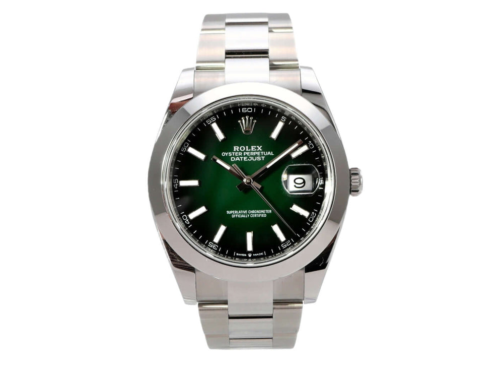 Rolex Datejust 41 Edelstahl 126300 Grün Ombre mit grünem Zifferblatt und Oyster-Band.