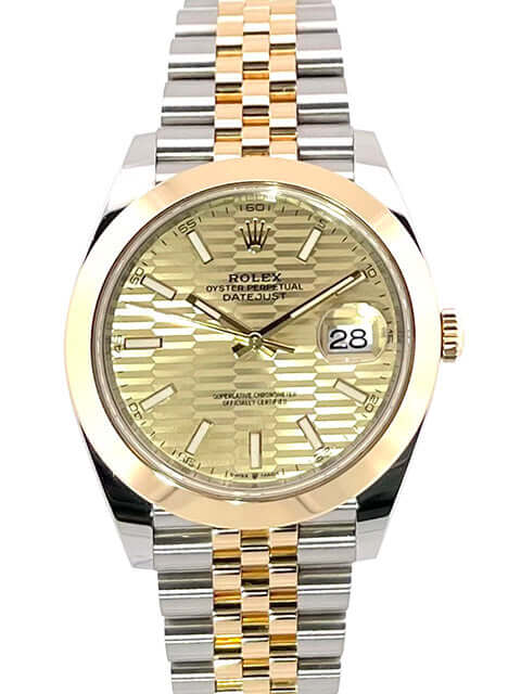 Rolex Datejust 41 Edelstahl Gelbgold 126303, goldenes Zifferblatt mit Riffelmuster, Jubile-Band in Edelstahl und Gelbgold