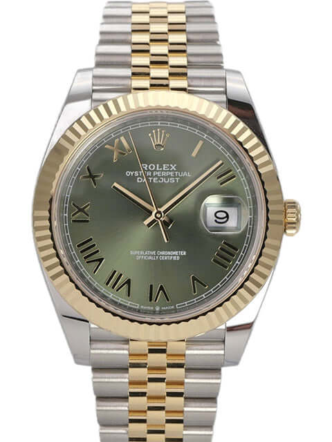 Rolex Datejust 41 Edelstahl Gelbgold 126333 Olivegrün Jubile-Band mit olivgrünem Zifferblatt und römischen Ziffern.