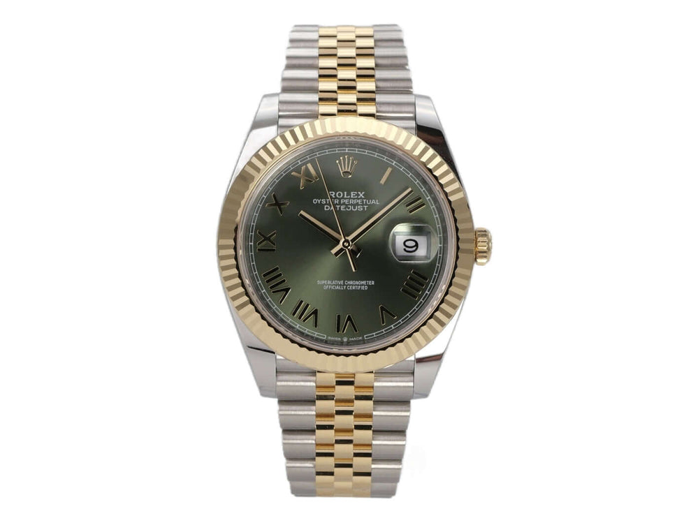 Rolex Datejust 41 Edelstahl Gelbgold 126333 Olivegrün Jubile-Band mit olivgrünem Zifferblatt und gelbgoldener Lünette.