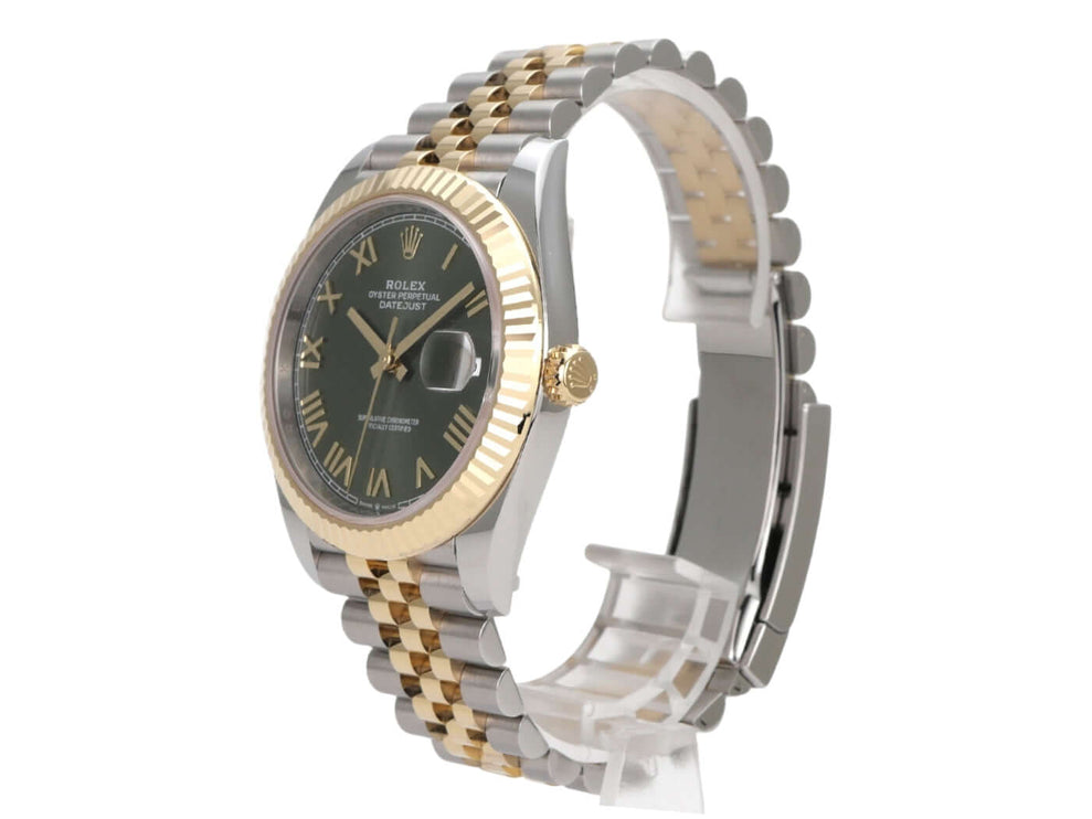 Rolex Datejust 41 Edelstahl Gelbgold 126333 Olivegrün Jubile-Band mit olivgrünem Zifferblatt und Jubile-Armband.