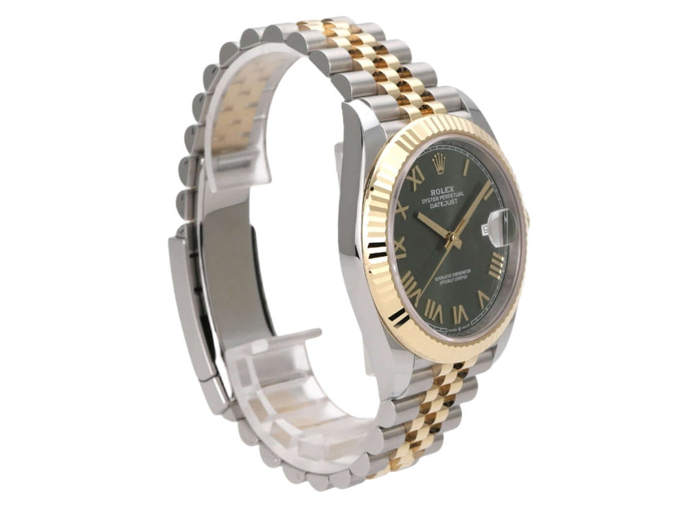 Rolex Datejust 41 Edelstahl Gelbgold 126333 Olivegrün Jubile-Band mit grünem Zifferblatt und 18-kt-Gelbgold-Lünette.
