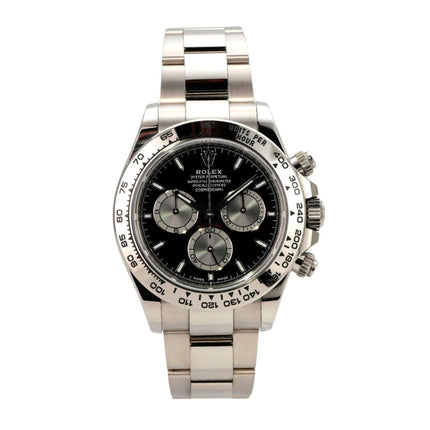Rolex Daytona Weißgold 126509 Schwarz mit schwarzem Zifferblatt und 18 kt Weißgold-Band.