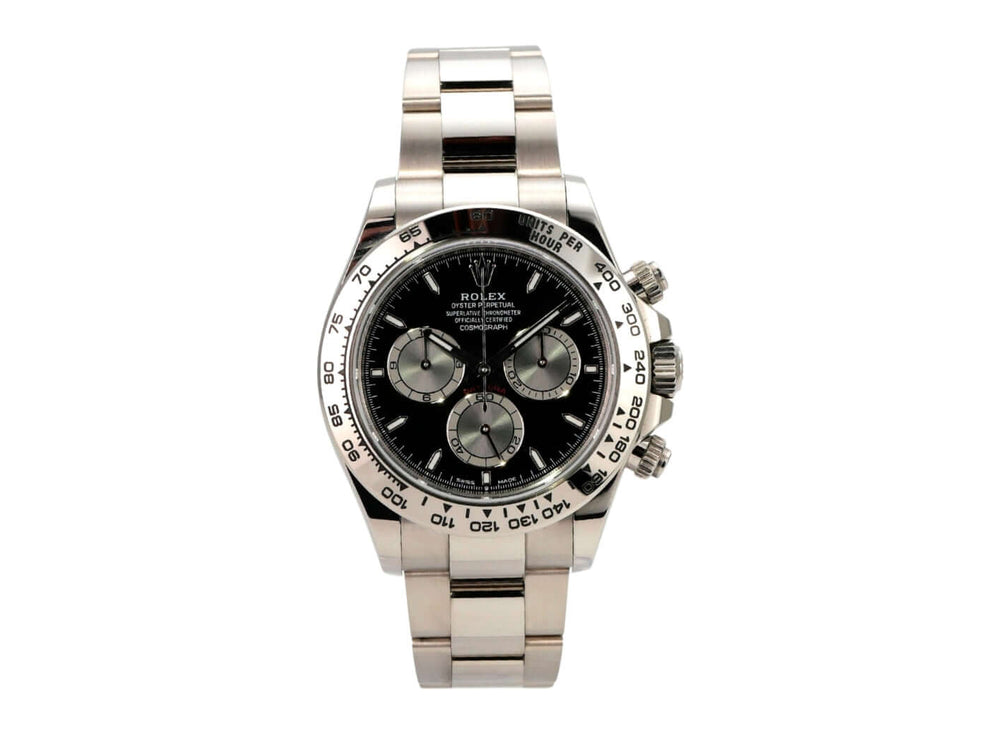 Rolex Daytona Weißgold 126509 Schwarz mit schwarzem Zifferblatt und 18 kt Weißgold-Band.