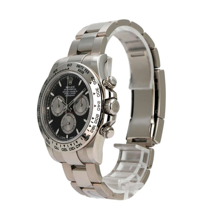 Rolex Daytona Weißgold 126509 Schwarz Seitensicht mit schwarzem Zifferblatt und Edelstahlarmband.