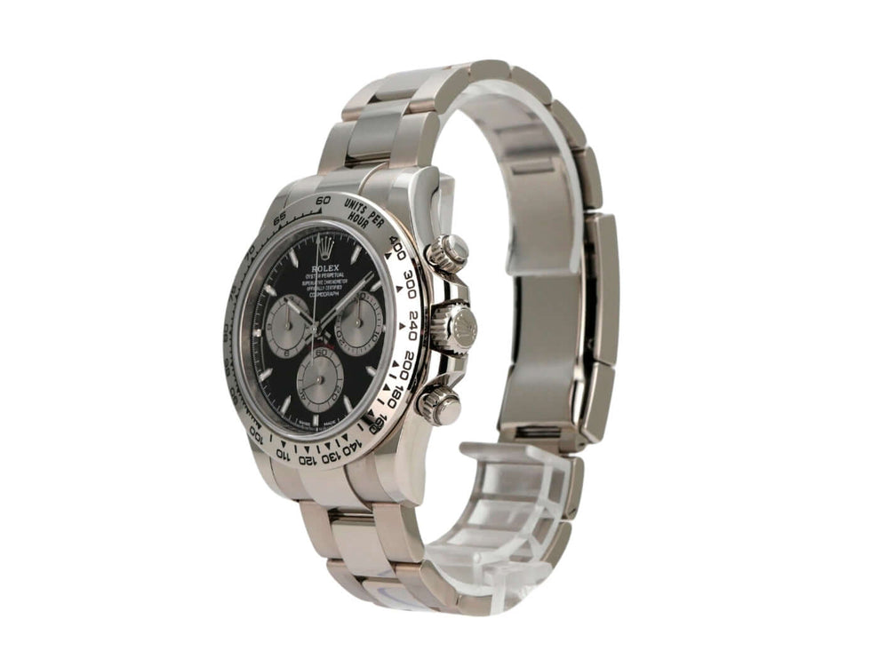 Rolex Daytona Weißgold 126509 Schwarz Seitensicht mit schwarzem Zifferblatt und Edelstahlarmband.