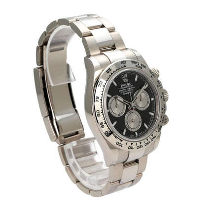 Rolex Daytona Weißgold 126509 Schwarz Ansicht von der Seite, schwarzes Zifferblatt und 18 kt Weißgold-Gehäuse.