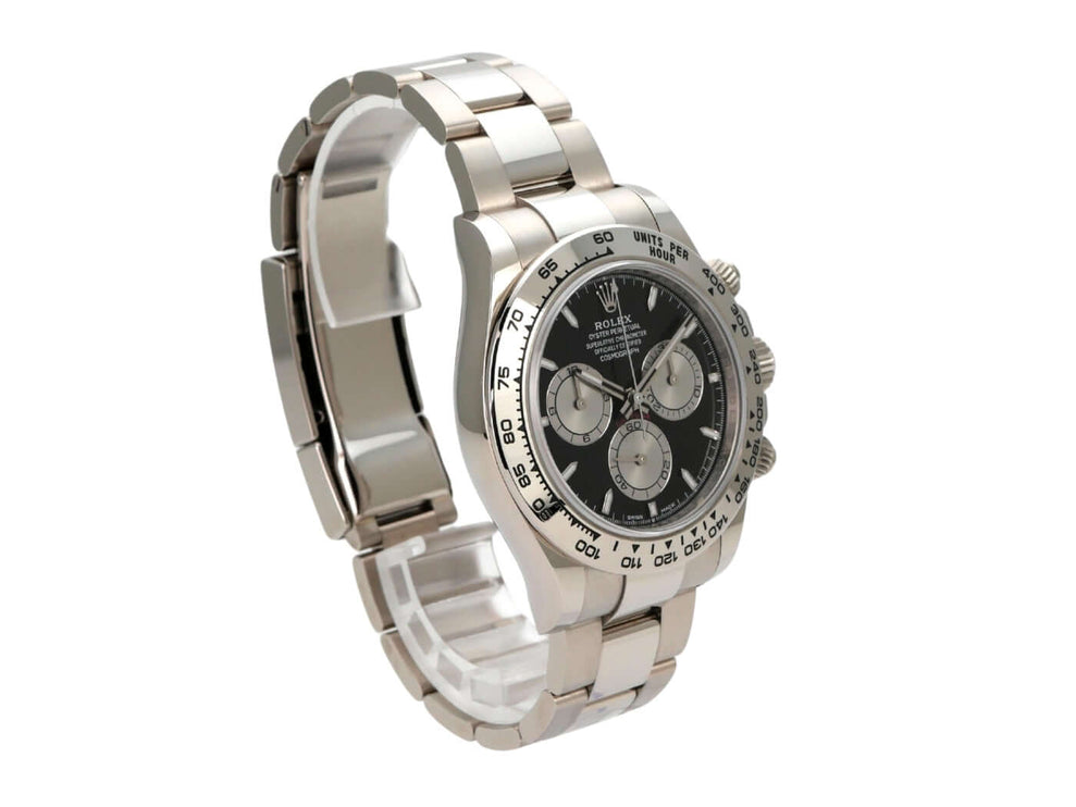 Rolex Daytona Weißgold 126509 Schwarz Ansicht von der Seite, schwarzes Zifferblatt und 18 kt Weißgold-Gehäuse.