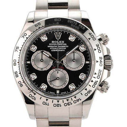 Rolex Daytona 126509 in Weißgold mit schwarzem Diamantzifferblatt und grauen Totalisatoren, 40 mm Gehäuse.