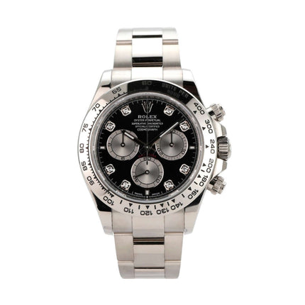 Rolex Daytona Weißgold 126509 mit schwarzem Diamantzifferblatt und 18 kt Weißgold-Lünette.
