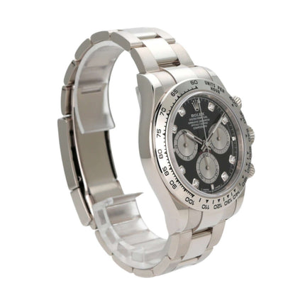 Rolex Daytona Weißgold 126509 mit schwarzem Diamantzifferblatt und grauen Totalisatoren.
