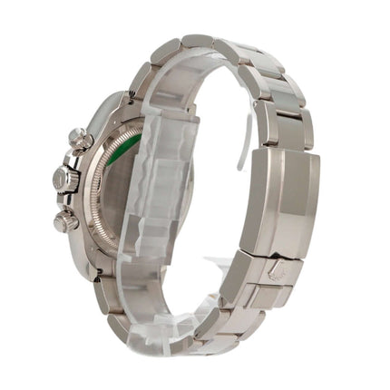 Rolex Daytona Weißgold 126509 seitliche Ansicht mit 18 kt Weißgold-Armband und poliertem Gehäuse.