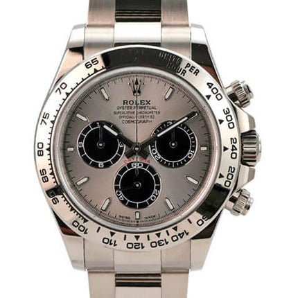 Rolex Daytona Weißgold 126509 Grau - Detailansicht des polierten und satinierten 18 kt Weißgoldgehäuses mit 40 mm Durchmesser.