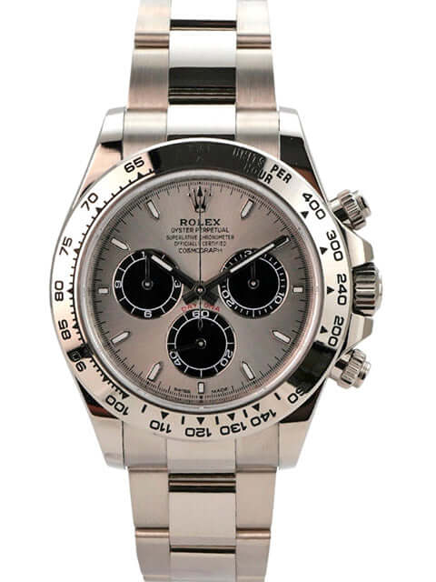 Rolex Daytona Weißgold 126509 Grau - Detailansicht des polierten und satinierten 18 kt Weißgoldgehäuses mit 40 mm Durchmesser.