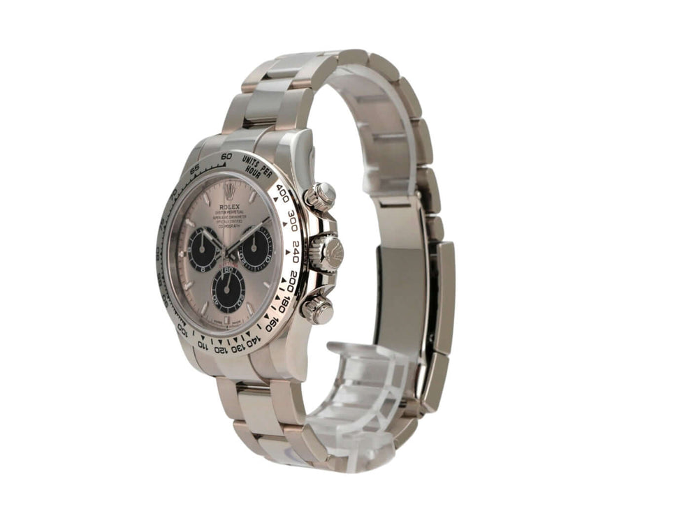 Rolex Daytona Weißgold 126509 Grau - Nahaufnahme des 18 kt Weißgold-Armbands und der Faltschließe.