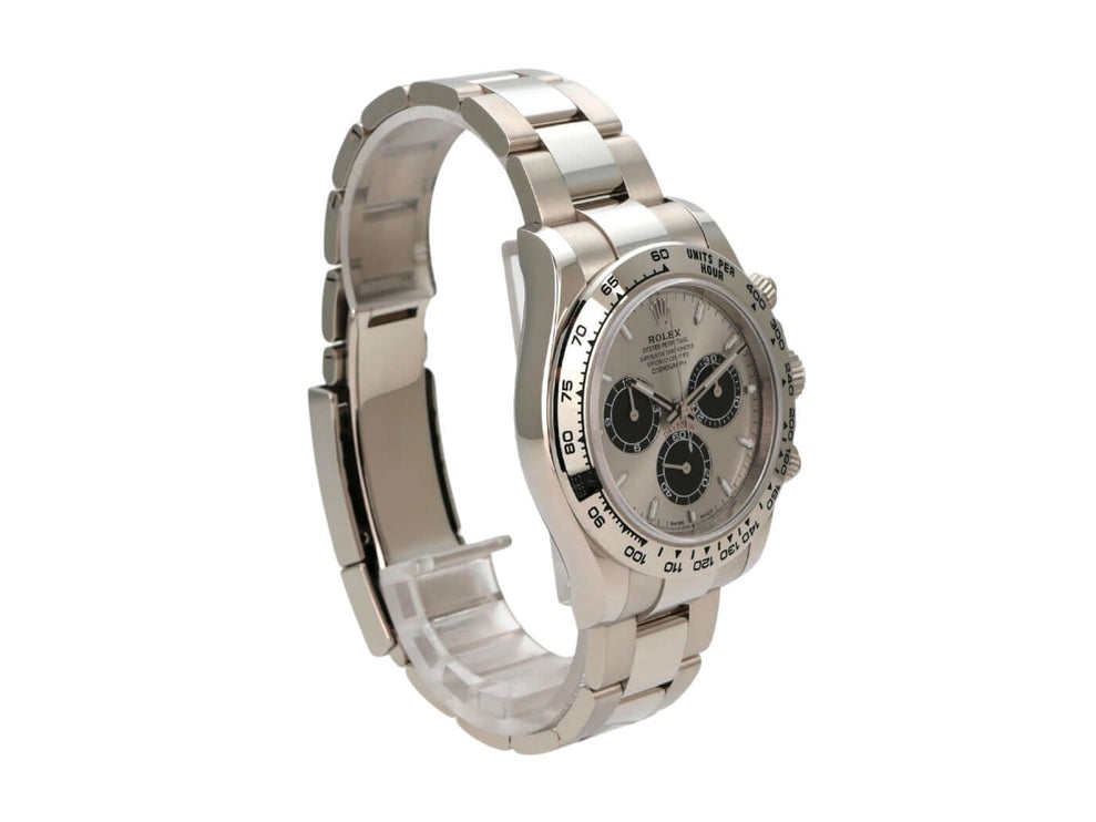 Rolex Daytona Weißgold 126509 Grau - Seitenansicht mit verschraubbarer Krone und Flankenschutz.
