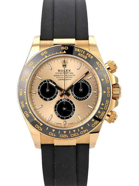 Rolex Daytona 126518LN Gelbgold Oysterflex Champagner Uhr mit champagnerfarbenem Zifferblatt und schwarzem Oysterflex-Band.