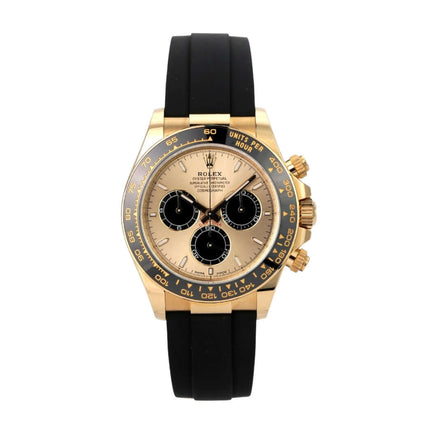 Rolex Daytona 126518LN Gelbgold Oysterflex Champagner Uhr mit champagnerfarbenem Zifferblatt und schwarzem Band