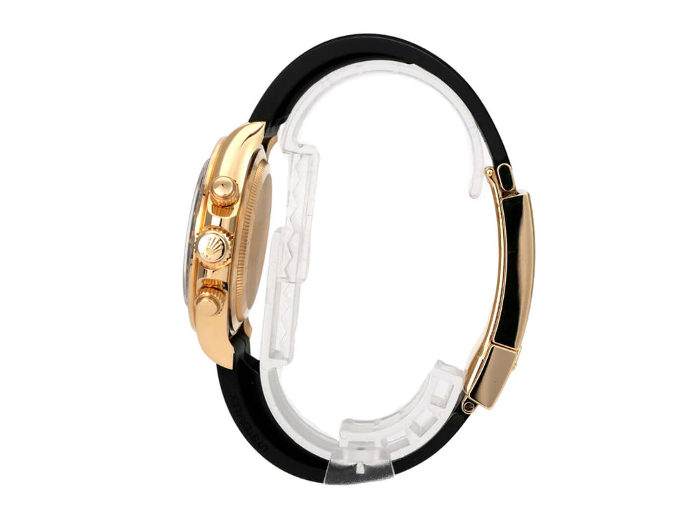 Rolex Daytona 126518LN Gelbgold Oysterflex Champagner seitliche Ansicht der Uhr mit schwarzem Band.