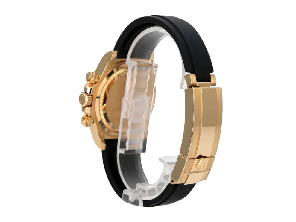 Rolex Daytona 126518LN Gelbgold Oysterflex Champagner seitliche Ansicht des Gehäuses mit schwarzem Oysterflex-Band.