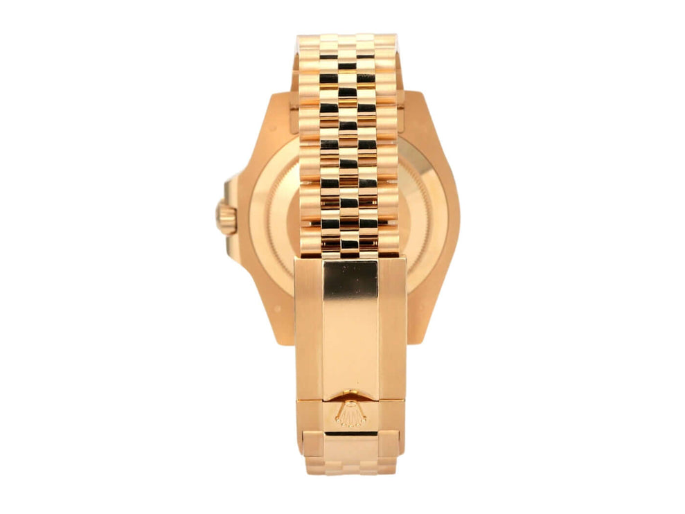 Rolex GMT-Master II Gelbgold 126718GRNR Tigereisen Rückansicht mit Jubilee-Band aus 18k Gelbgold.