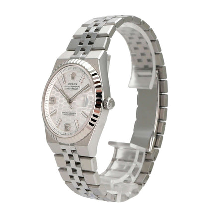 Rolex Land-Dweller 36 Oystersteel Weißgold 127234 Tiefweiß Wabe Flat Jubile-Band seitliche Ansicht der Uhr
