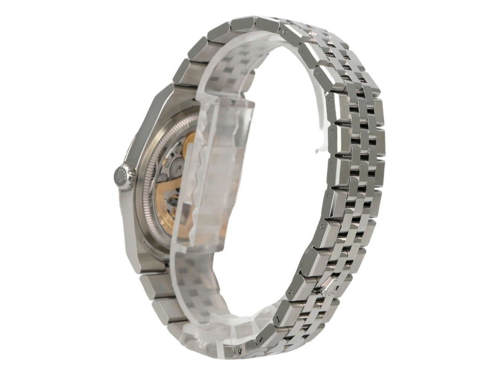 Rolex Land-Dweller 40 Oystersteel Weißgold 127334 Tiefweiß Wabe Flat Jubile-Band seitliche Ansicht des Uhrenarmbands.