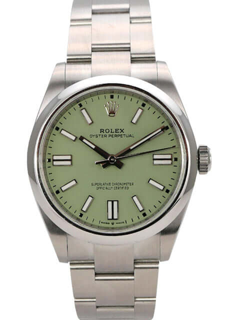 Rolex Oyster Perpetual 41 Ref. 134300 Pistachio mit Edelstahlband und grünem Zifferblatt.
