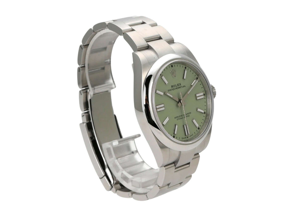 Rolex Oyster Perpetual 41 Ref. 134300 Pistachio Uhr mit grünem Zifferblatt und Edelstahlarmband