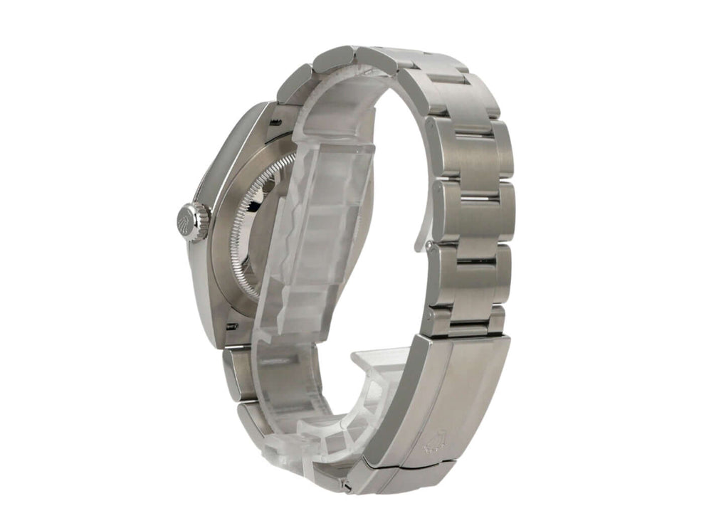 Seitenansicht des Rolex Oyster Perpetual 41 Ref. 134300 Pistachio mit Edelstahlband und Faltschließe.