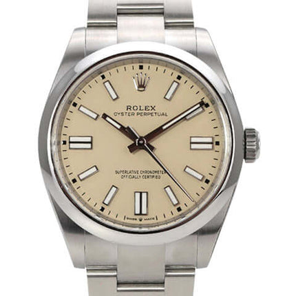 Rolex Oyster Perpetual 41 Ref. 134300 Uhr mit beigem Zifferblatt und Edelstahlband, wasserdicht bis 10 bar