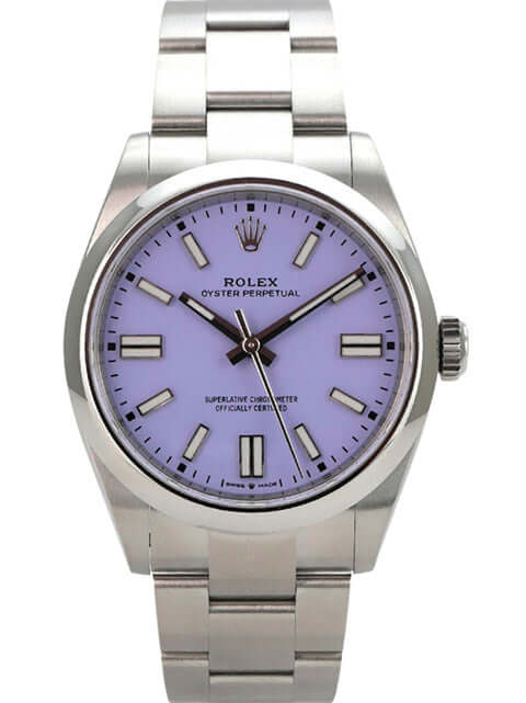 Rolex Oyster Perpetual 41 Ref. 134300 Lavender mit lila Zifferblatt und Edelstahlarmband.