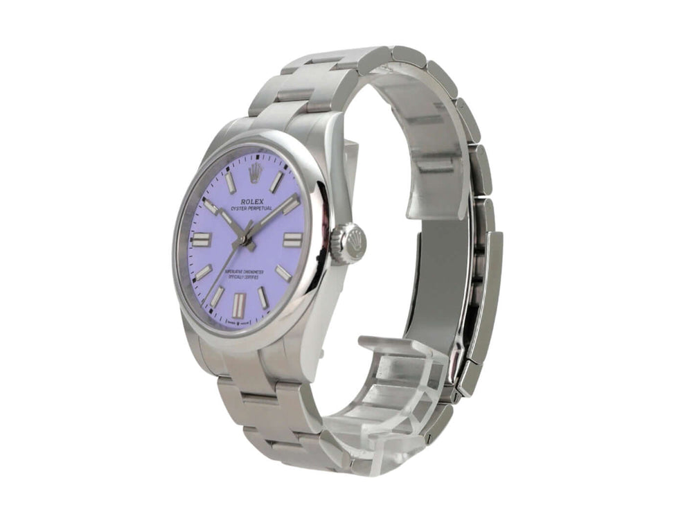 Rolex Oyster Perpetual 41 Ref. 134300 Lavender mit Edelstahlgehäuse und lila Zifferblatt.