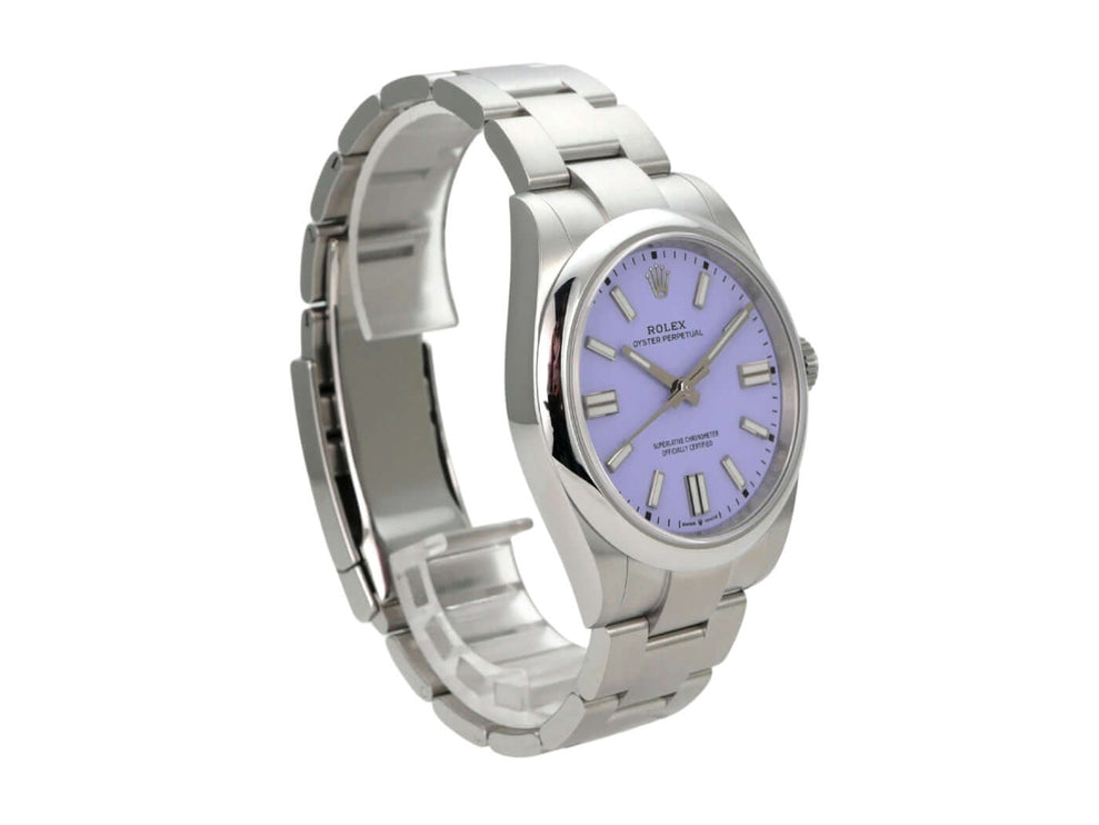 Rolex Oyster Perpetual 41 Ref. 134300 Lavender Uhr mit Lavender Zifferblatt und Edelstahlband.
