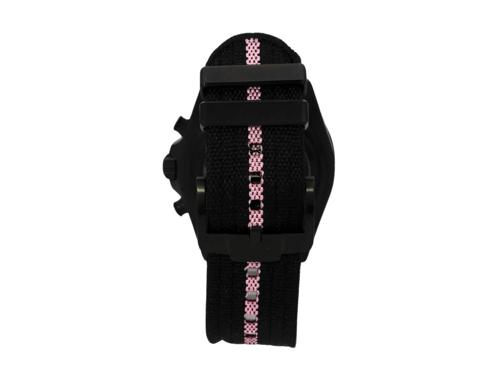 Tudor Pelagos FXD Chrono Pink M25827KNRS-0002 Giro d'Italia Armband Ansicht von hinten mit schwarzem und pinkem Textilband