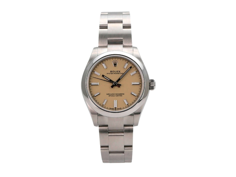 Rolex Oyster Perpetual 31 Ref. 277200 Beige Automatikuhren mit beigem Zifferblatt und Edelstahlarmband.
