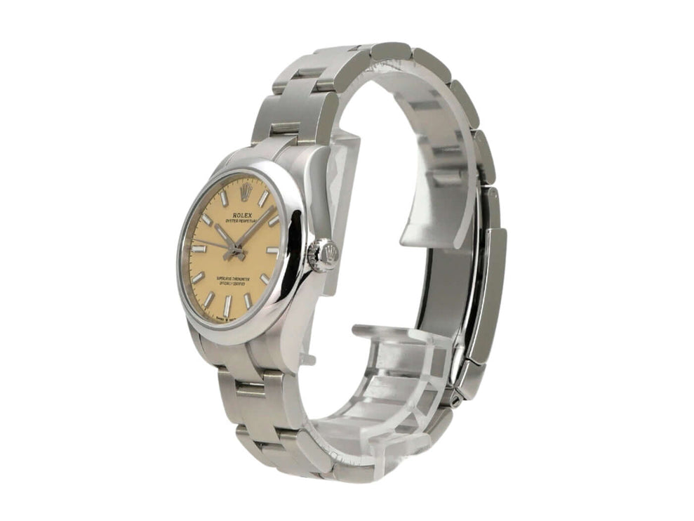 Rolex Oyster Perpetual 31 Ref. 277200 Beige Uhr mit beigem Zifferblatt und Edelstahlband.