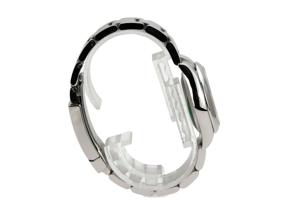 Rolex Oyster Perpetual 31 Ref. 277200 Beige Edelstahlband und Gehäuseansicht von der Seite.