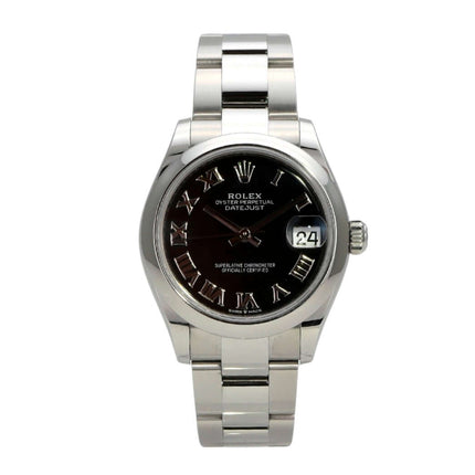 Rolex Datejust 31 Oystersteel Ref. 278240 mit schwarzem Zifferblatt und römischen Ziffern, 31 mm Gehäuse.