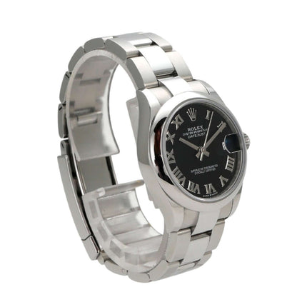 Rolex Datejust 31 mit schwarzem Zifferblatt und römischen Ziffern, Oystersteel Gehäuse und Armband.