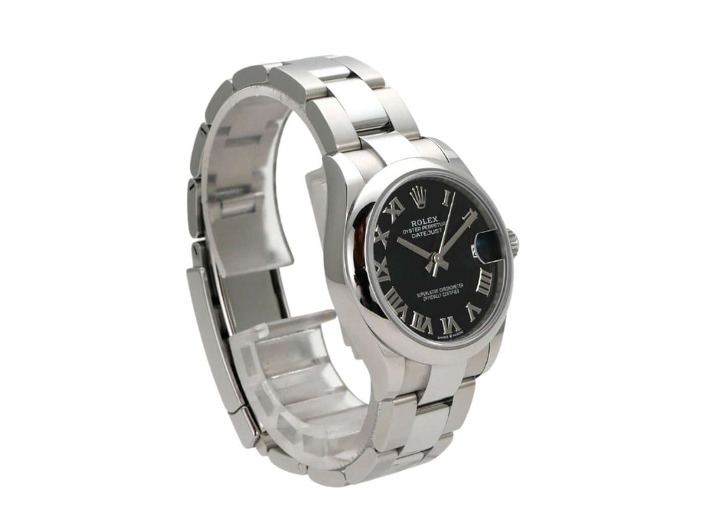 Rolex Datejust 31 mit schwarzem Zifferblatt und römischen Ziffern, Oystersteel Gehäuse und Armband.