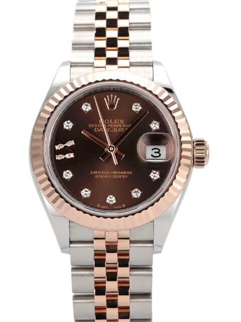 Rolex Datejust 28 Ref. 279171 mit schokoladenfarbenem Zifferblatt und Diamanten, Jubile-Band aus Edelstahl und Everose-Gold.