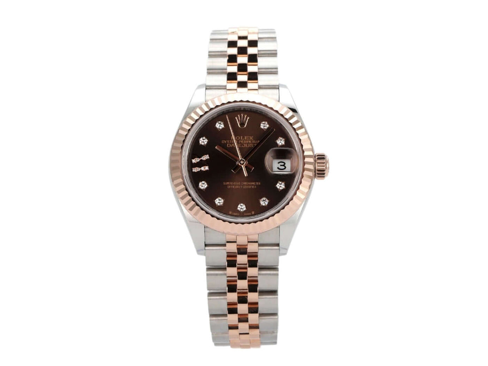 Rolex Datejust 28 Ref. 279171 mit schokoladenfarbenem Diamantzifferblatt und Jubile-Band in Edelstahl und 18 kt Everose-Gold.