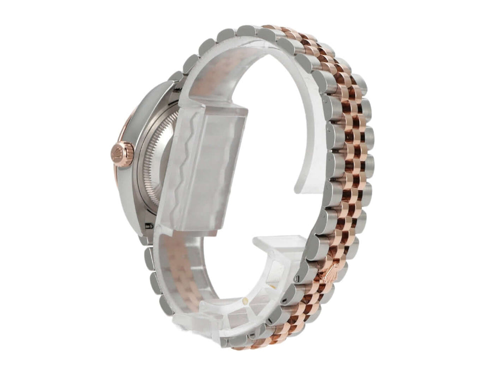 Rolex Datejust 28 Ref. 279171 mit Everose-Gold Jubilé-Armband und Edelstahl-Gehäuse, seitliche Ansicht.