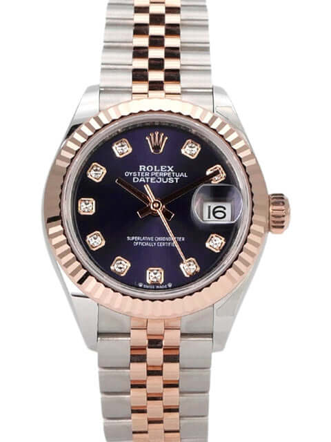 Rolex Datejust 28, Edelstahl und Everose-Gold, auberginefarbenes Zifferblatt, Diamanten, Jubile-Armband, Ref. 279171.
