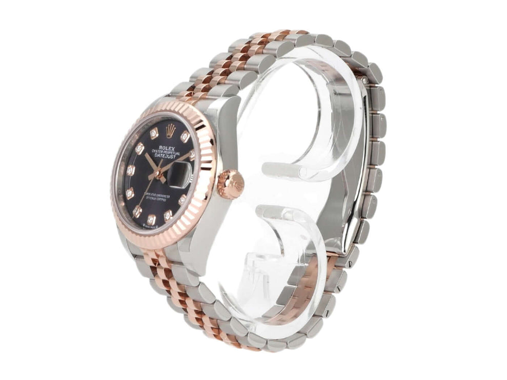 Rolex Datejust 28 Ref. 279171 mit Aubergine Diamantzifferblatt und Jubile-Band aus Edelstahl und Everose-Gold.