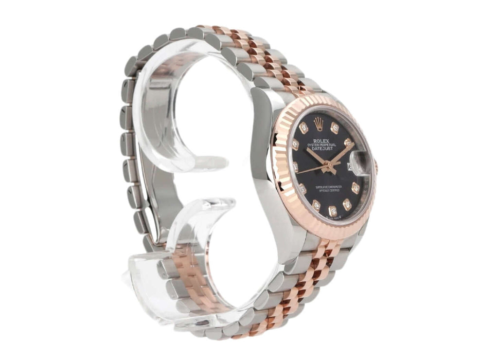 Rolex Datejust 28 Edelstahl und Everose-Gold Armbanduhr mit auberginefarbenem Diamantzifferblatt und Jubile-Armband.