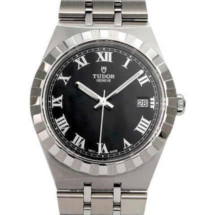 Tudor Royal Date 38 Ref. M28500-0003, Edelstahl, schwarzes Zifferblatt, römische Ziffern, wasserdicht bis 10 bar.