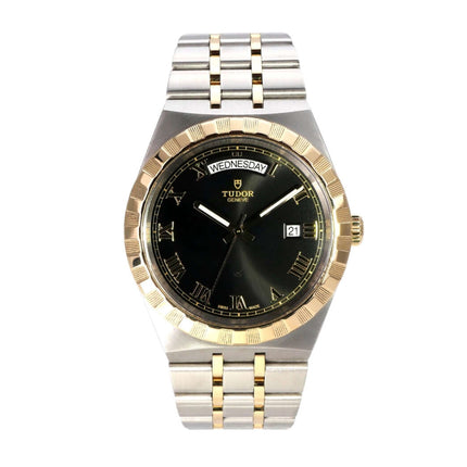 Tudor Royal Day-Date Ref. M28603-0003 mit schwarzem Zifferblatt und Edelstahl-Gelbgold Armband.